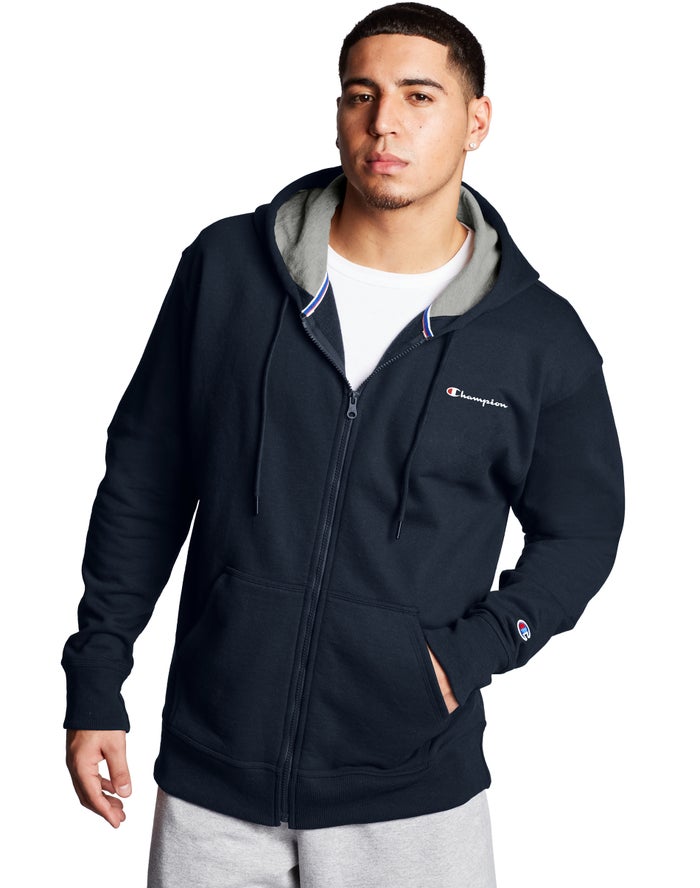 Champion Mens Hoodie NZ - Powerblend Fleece Full Zip Script Logo Navy ( 8971-XJHOC )